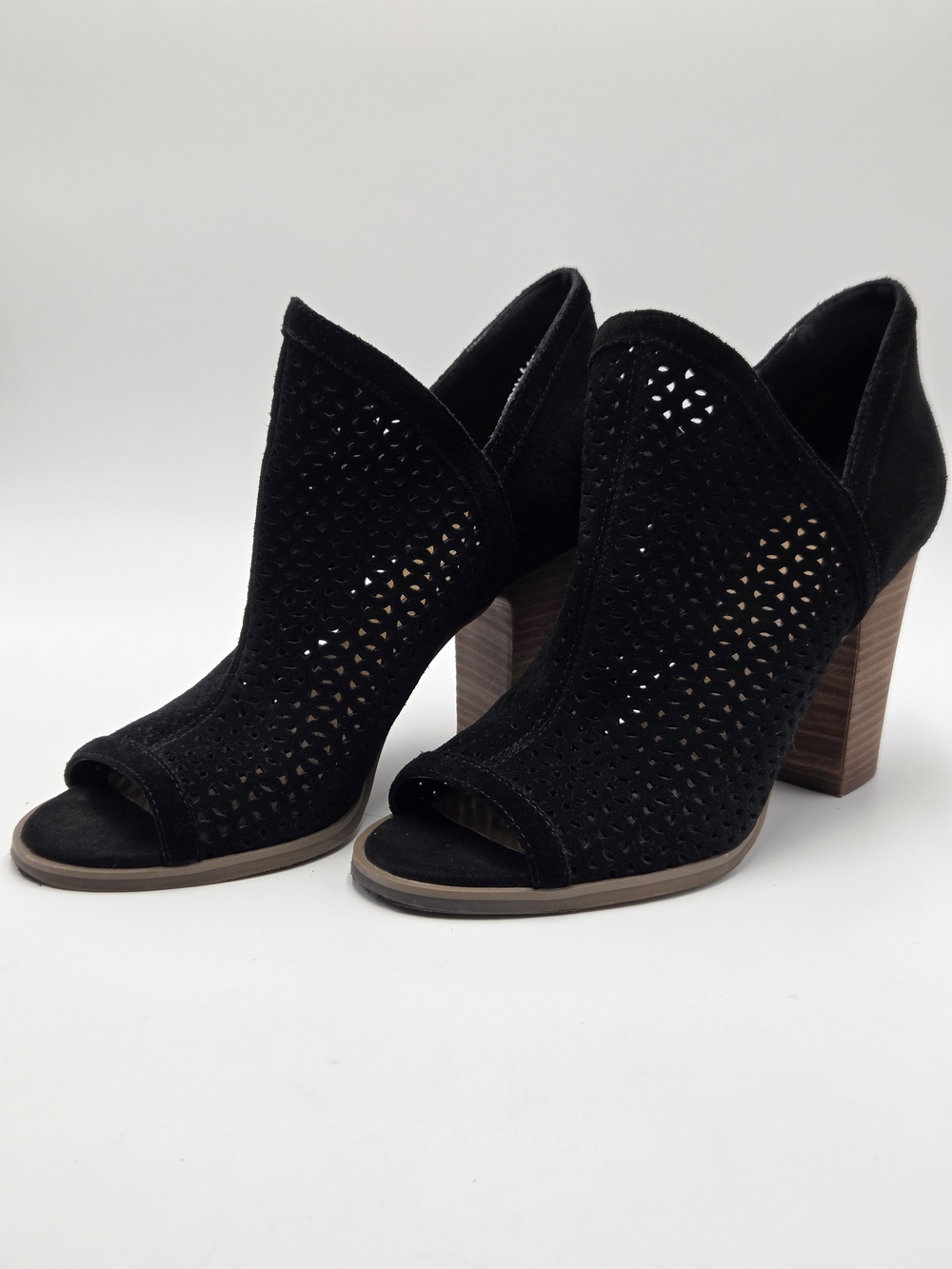 Lucky Brand Black Perforated Peep-Toe Block Heel Booties Womens Size 7.5